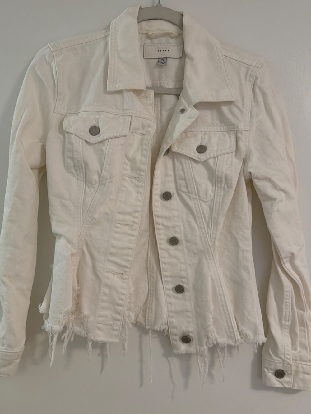 Blank NYC White Distressed Denim Jacket with Raw Hem